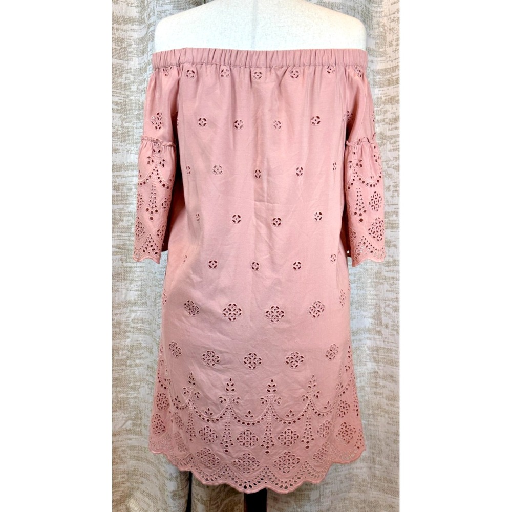 Madewell Off Shoulder Eyelet Dress 10 Dusty Rose Embroidered Bell Sleeve Lined - Picture 5 of 11